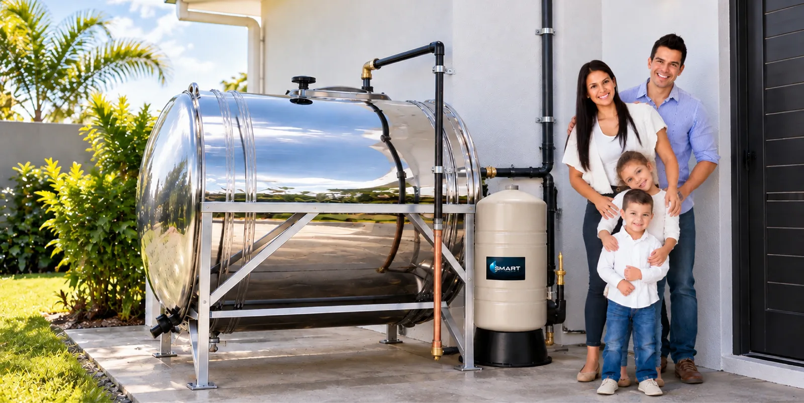 Familia junto a su cisterna de acero inoxidable Smart Option PR